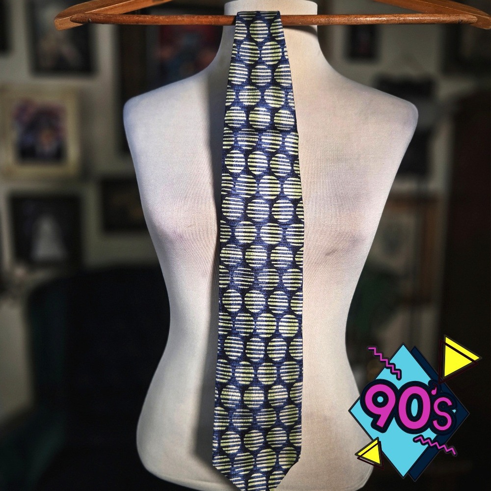 Structure Silk Tie Vintage 90s Blue Green Geometric Abstract Print Necktie USA